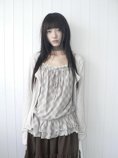 ang project Plaid Lace Trim Button Front Long Sleeve Two Piece Women&