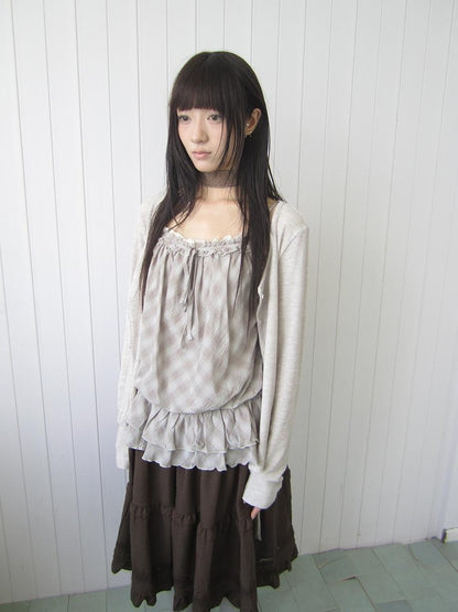 ang project Plaid Lace Trim Button Front Long Sleeve Two Piece Women&