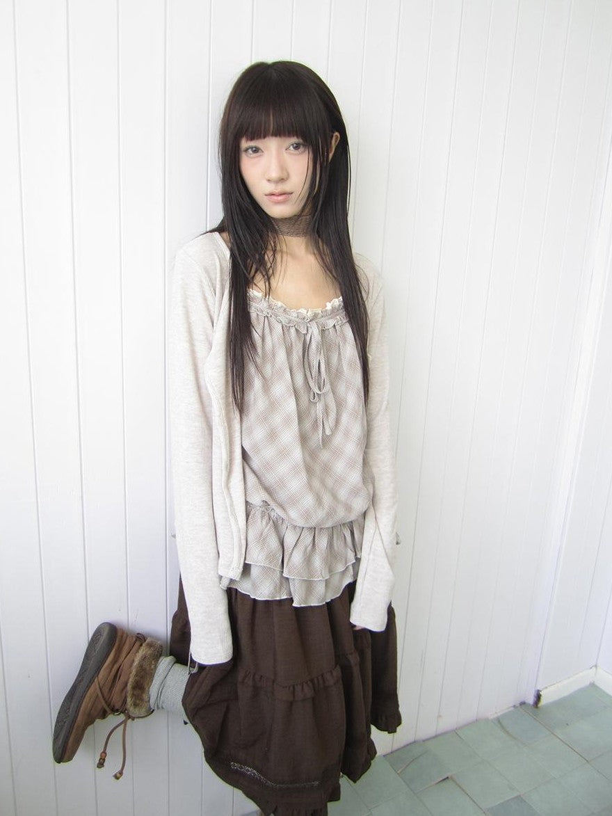 ang project Plaid Lace Trim Button Front Long Sleeve Two Piece Women&
