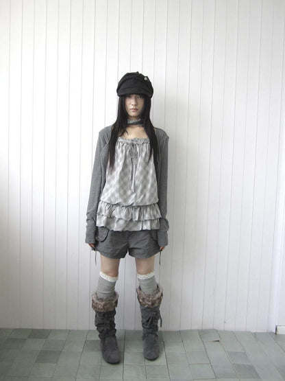 ang project Plaid Lace Trim Button Front Long Sleeve Two Piece Women&