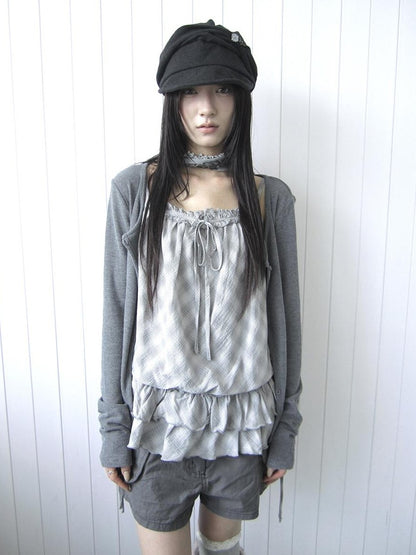 ang project Plaid Lace Trim Button Front Long Sleeve Two Piece Women&