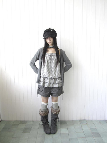 ang project Plaid Lace Trim Button Front Long Sleeve Two Piece Women&
