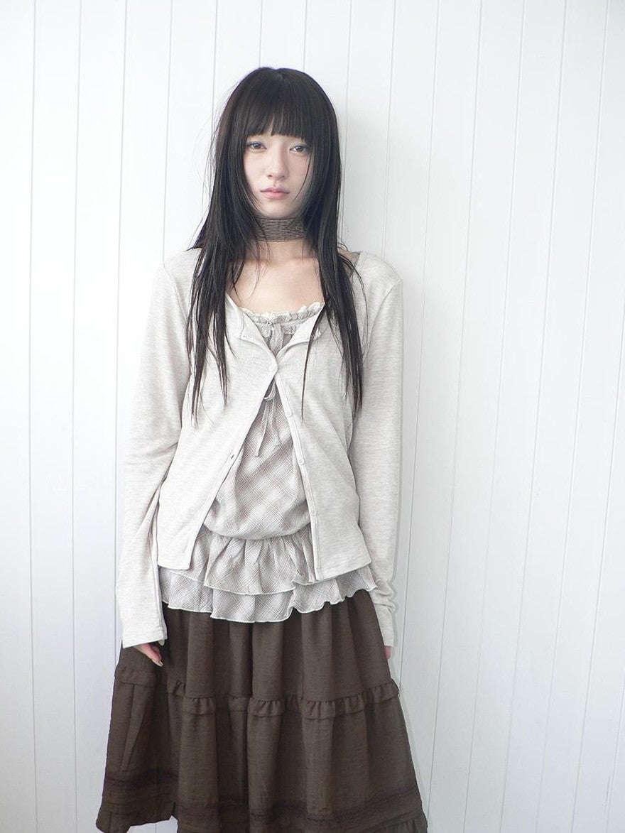ang project Plaid Lace Trim Button Front Long Sleeve Two Piece Women&