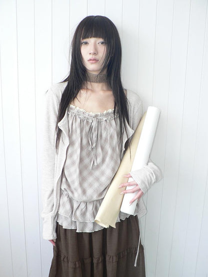 ang project Plaid Lace Trim Button Front Long Sleeve Two Piece Women&
