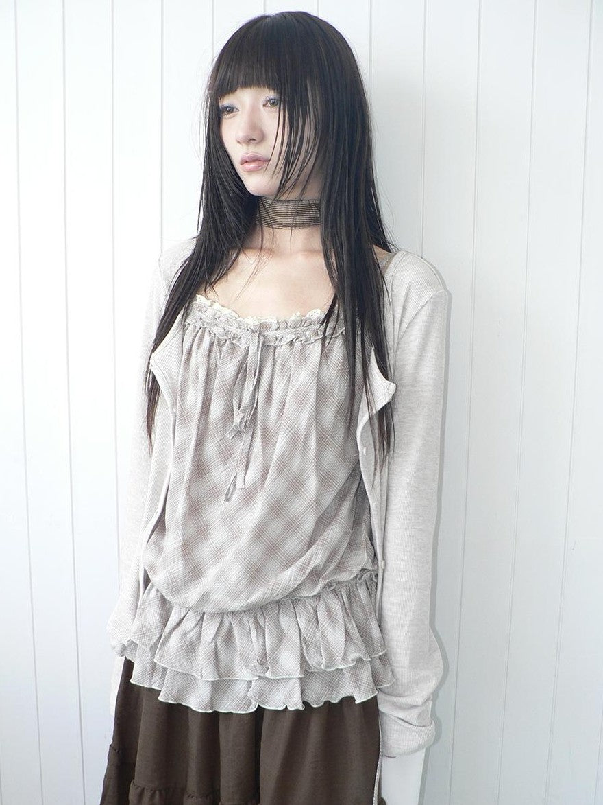 ang project Plaid Lace Trim Button Front Long Sleeve Two Piece Women&