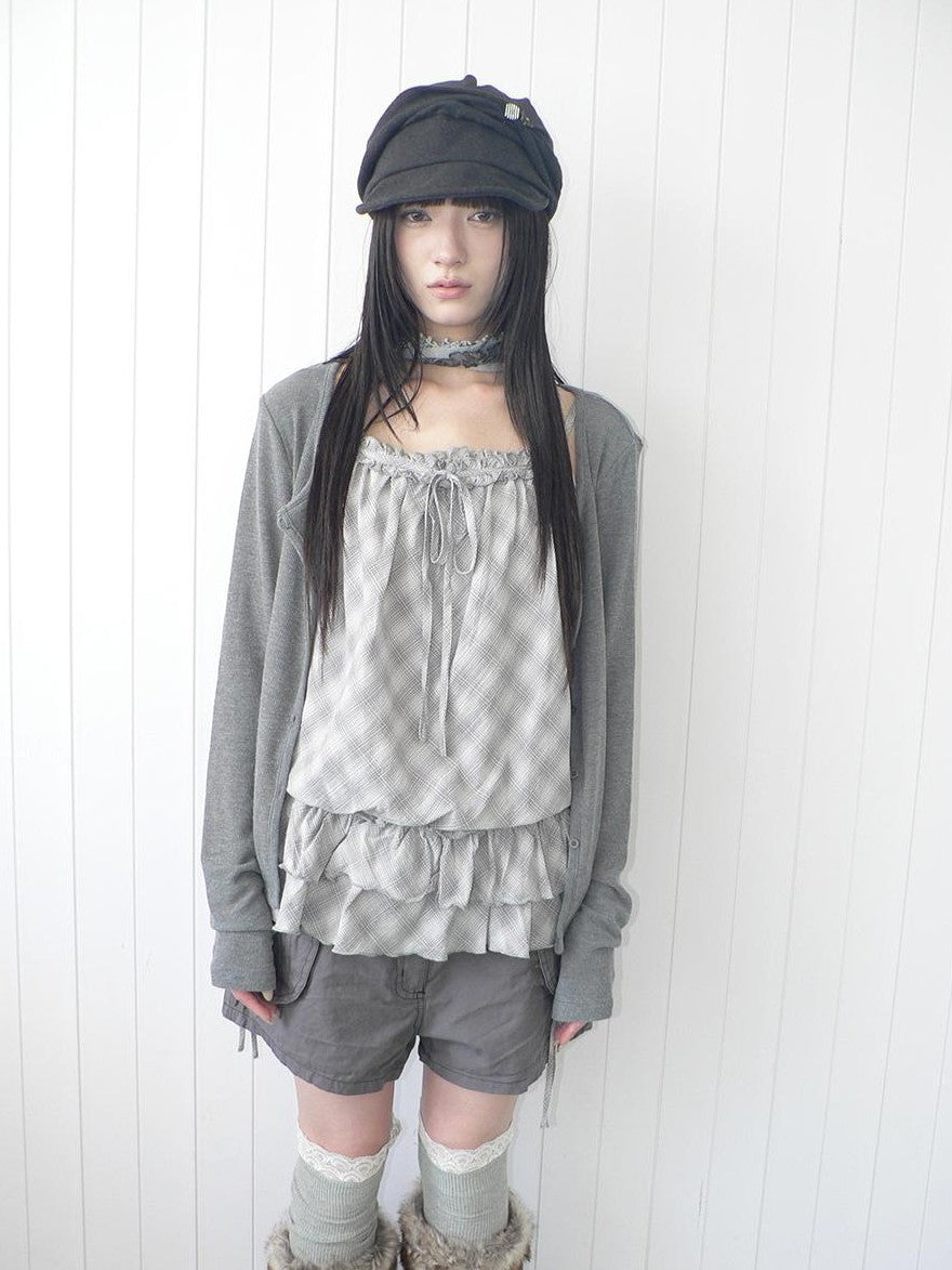 ang project Plaid Lace Trim Button Front Long Sleeve Two Piece Women&