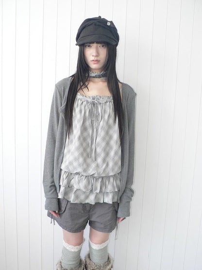 ang project Plaid Lace Trim Button Front Long Sleeve Two Piece Women&