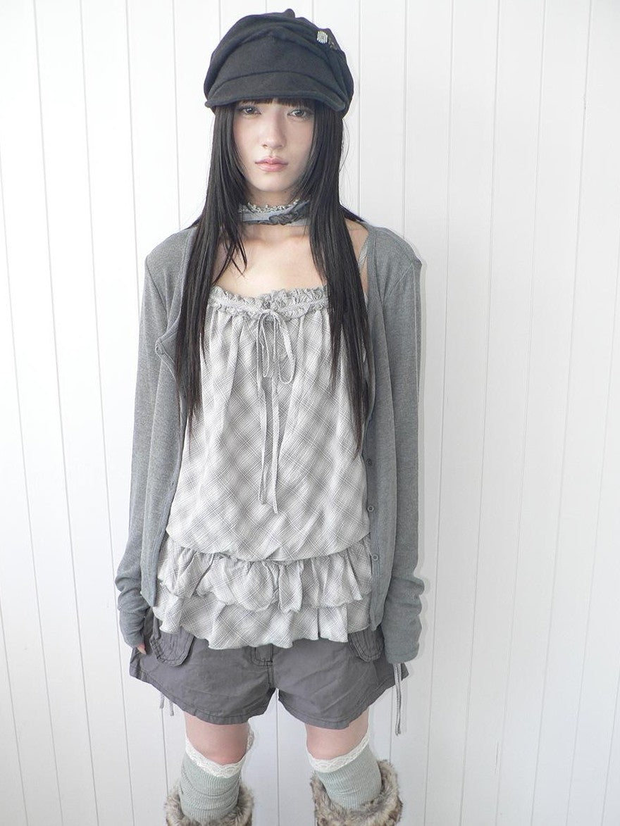 ang project Plaid Lace Trim Button Front Long Sleeve Two Piece Women&