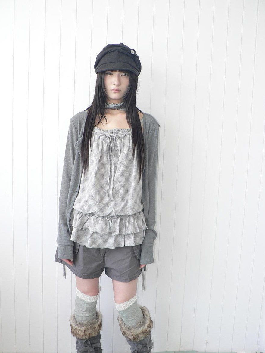 ang project Plaid Lace Trim Button Front Long Sleeve Two Piece Women&