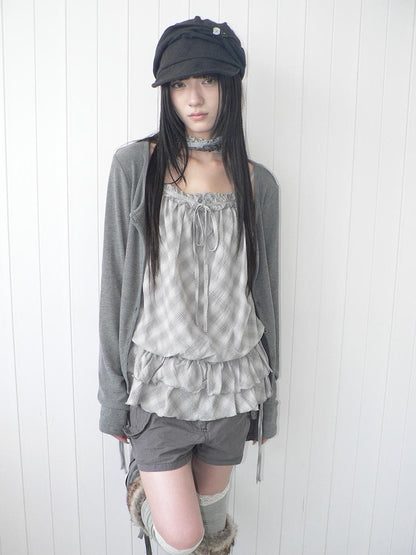 ang project Plaid Lace Trim Button Front Long Sleeve Two Piece Women&