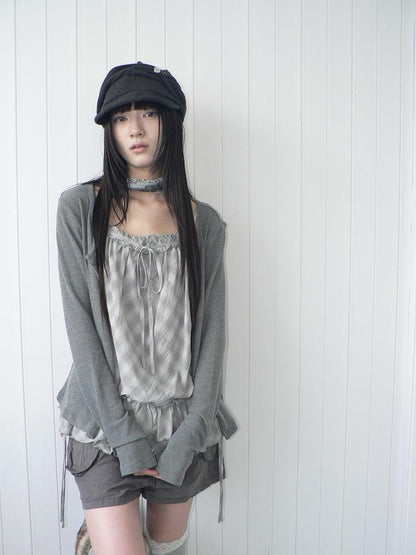 ang project Plaid Lace Trim Button Front Long Sleeve Two Piece Women&