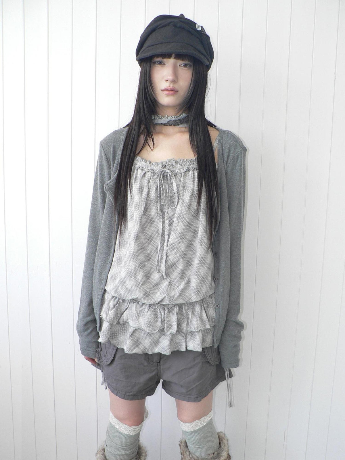 ang project Plaid Lace Trim Button Front Long Sleeve Two Piece Women&