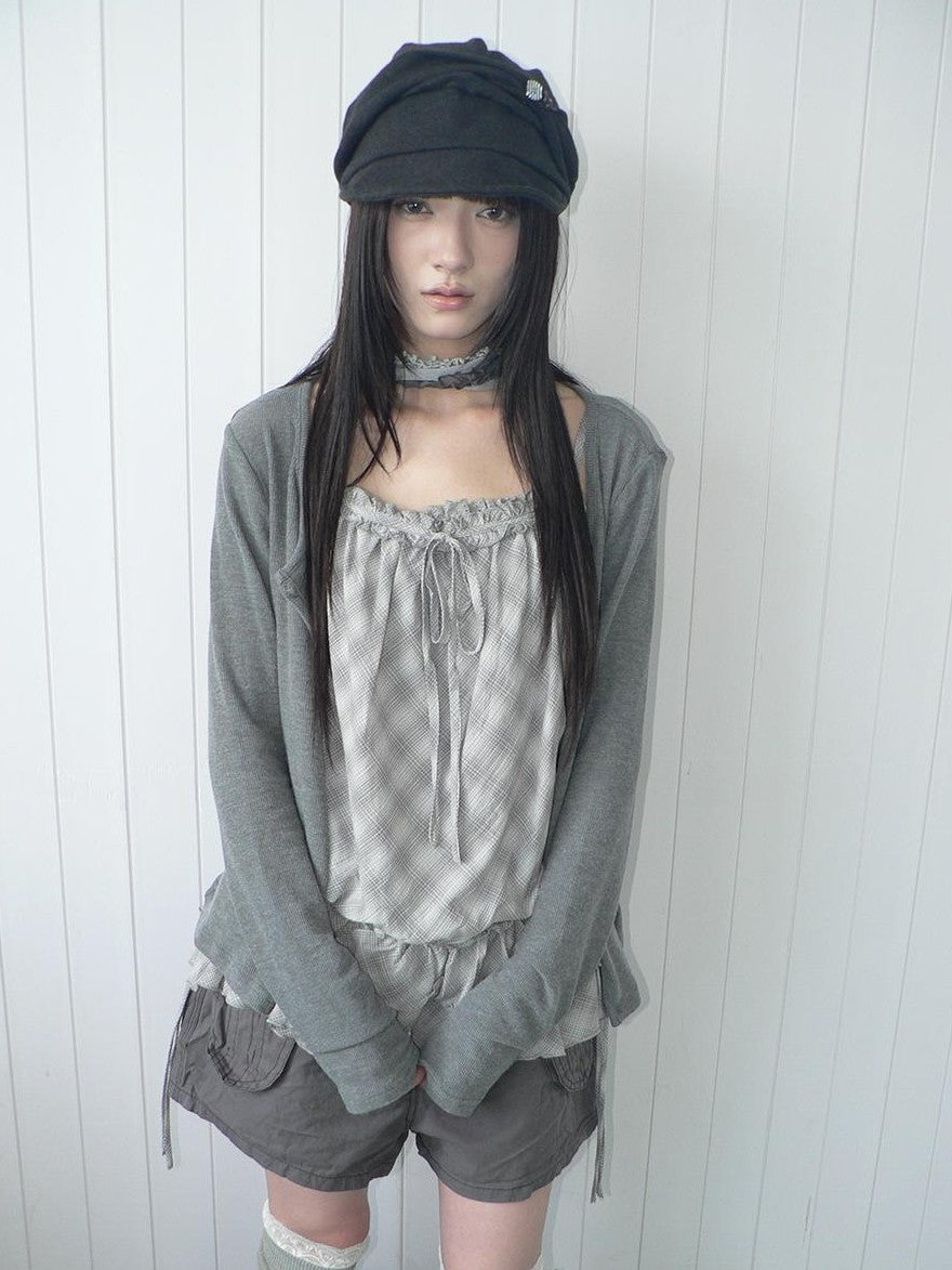 ang project Plaid Lace Trim Button Front Long Sleeve Two Piece Women&