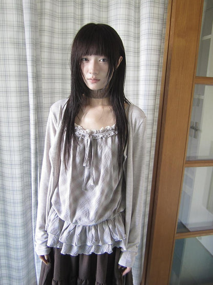 ang project Plaid Lace Trim Button Front Long Sleeve Two Piece Women&