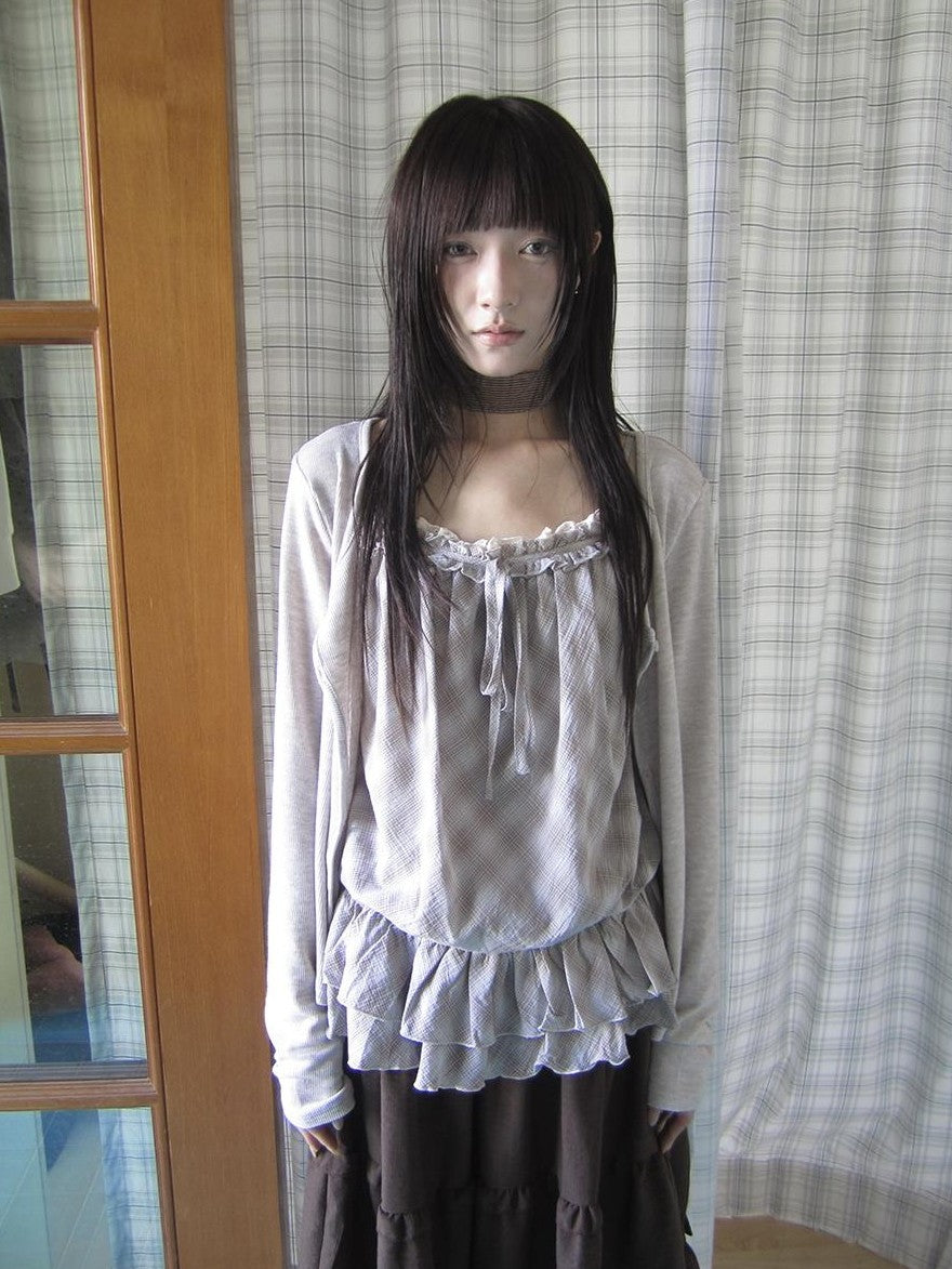 ang project Plaid Lace Trim Button Front Long Sleeve Two Piece Women&