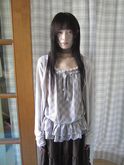 ang project Plaid Lace Trim Button Front Long Sleeve Two Piece Women&