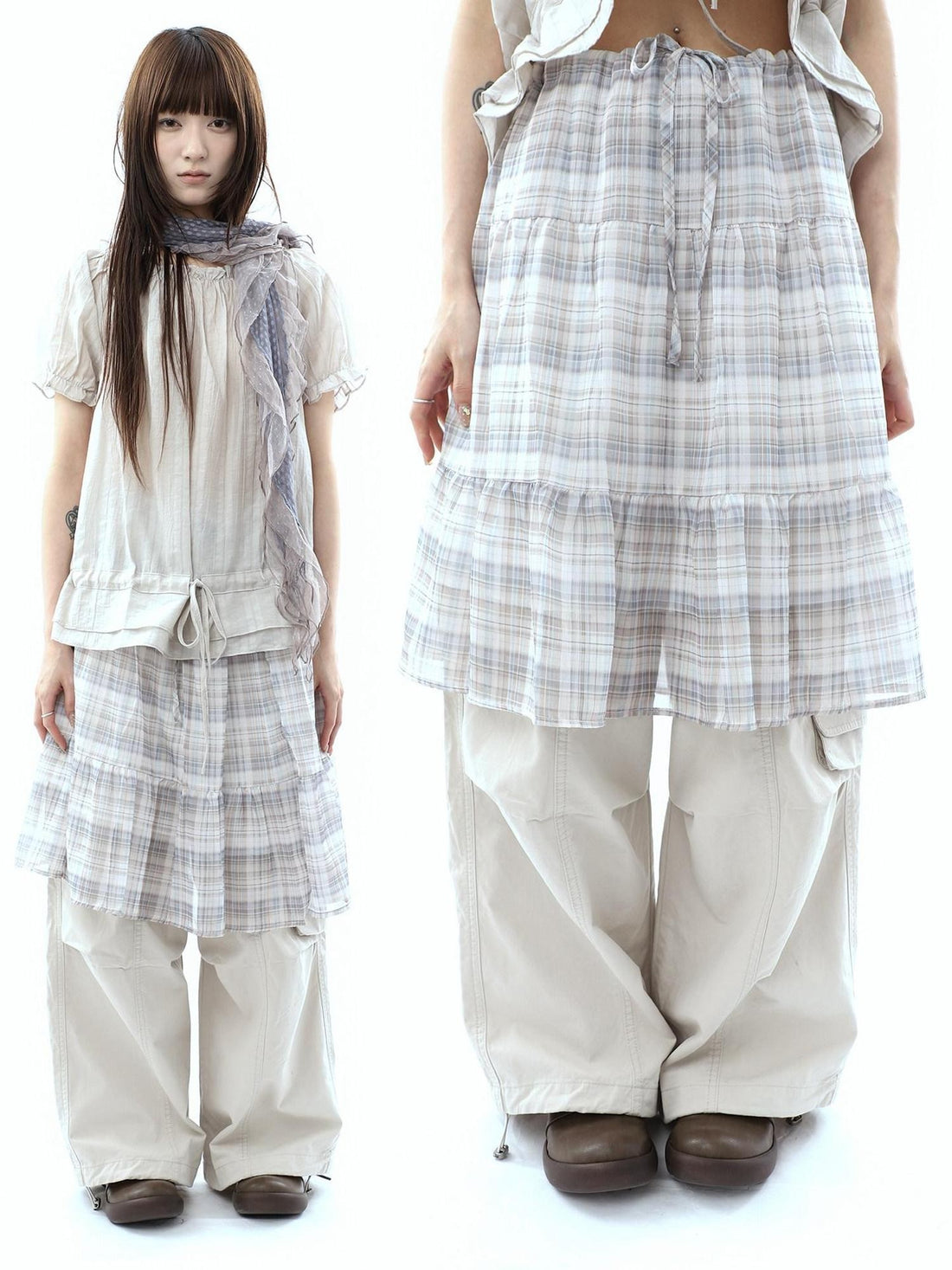 ang project Plaid Layered Drawstring Tie Women&