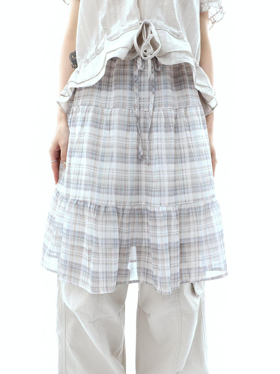 ang project Plaid Layered Drawstring Tie Women&