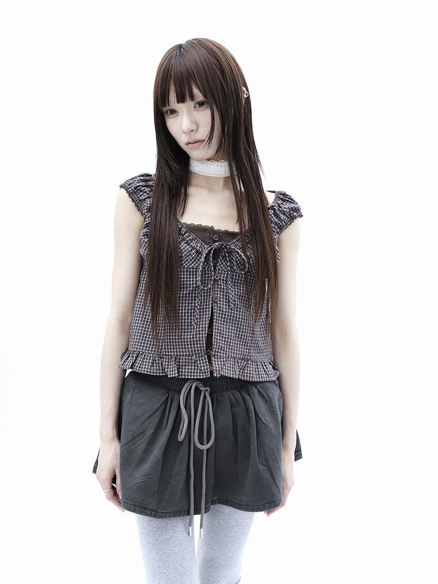 ang project Plaid Patchwork Lace Trim Cropped Puff Sleeve Women&