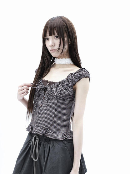 ang project Plaid Patchwork Lace Trim Cropped Puff Sleeve Women&