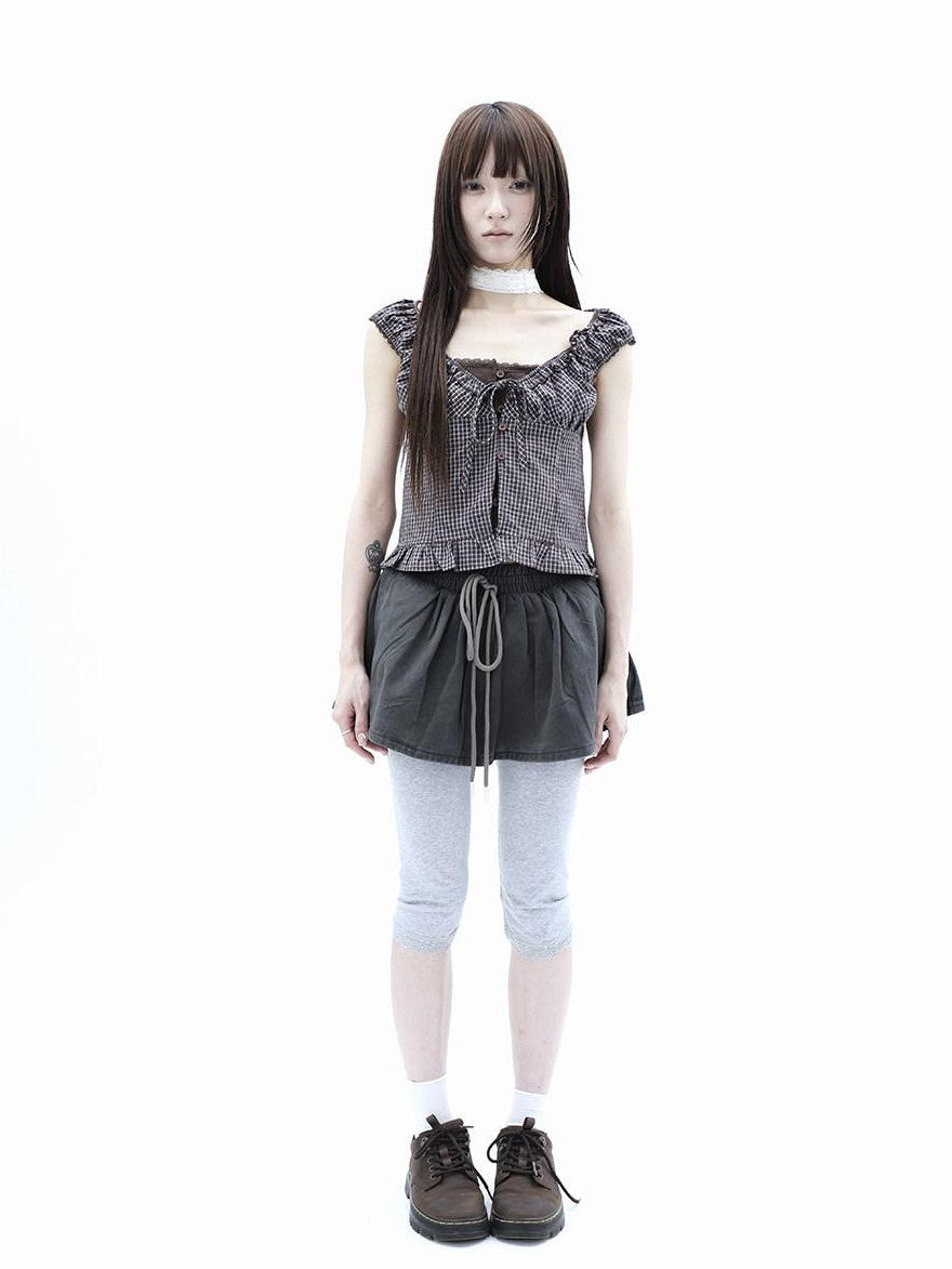 ang project Plaid Patchwork Lace Trim Cropped Puff Sleeve Women&