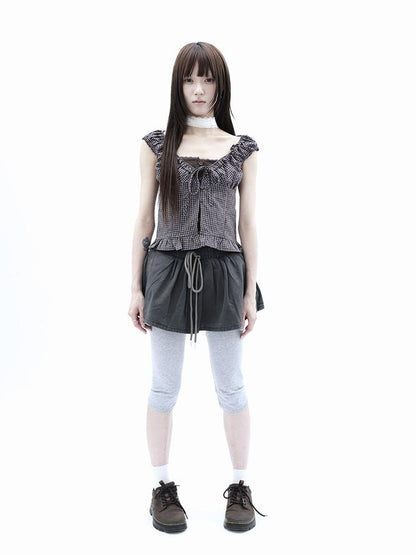 ang project Plaid Patchwork Lace Trim Cropped Puff Sleeve Women&