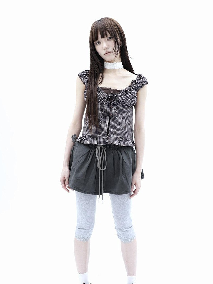 ang project Plaid Patchwork Lace Trim Cropped Puff Sleeve Women&
