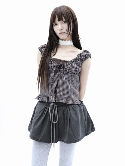 ang project Plaid Patchwork Lace Trim Cropped Puff Sleeve Women&