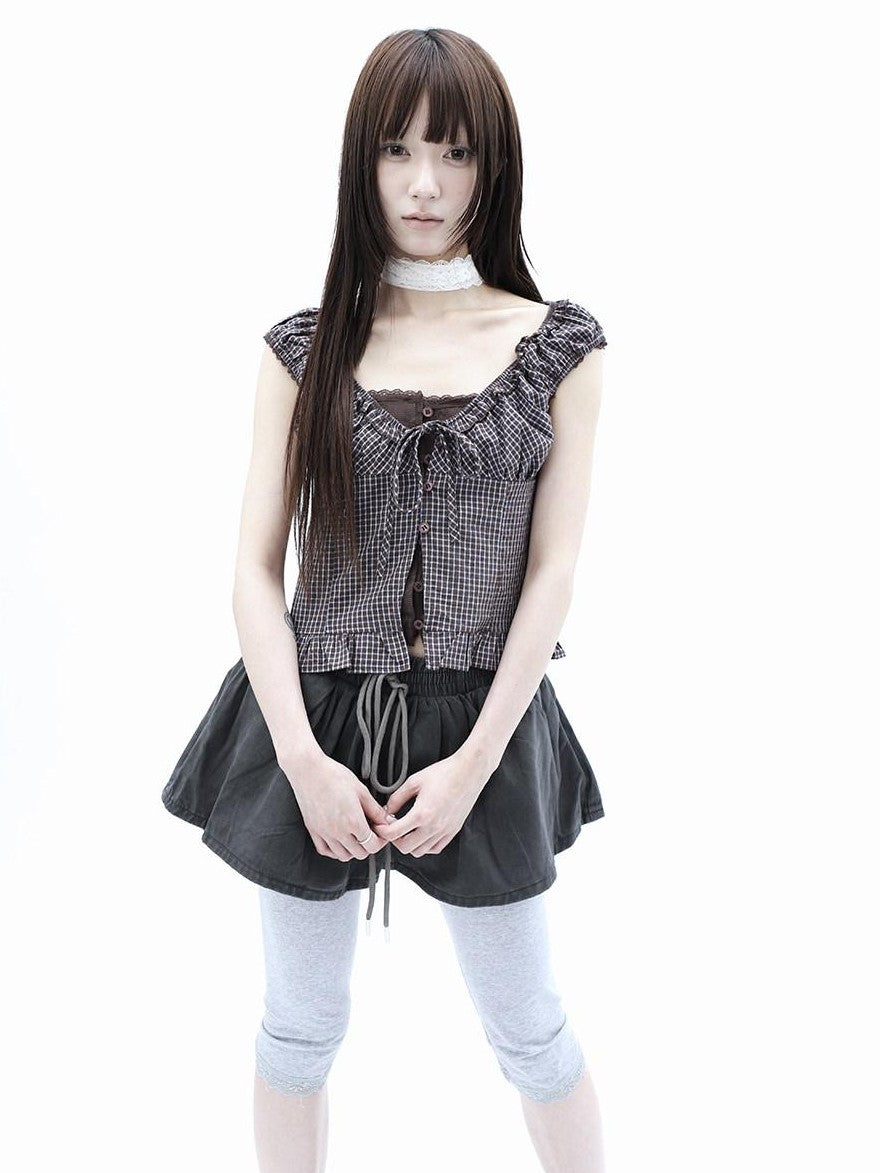 ang project Plaid Patchwork Lace Trim Cropped Puff Sleeve Women&