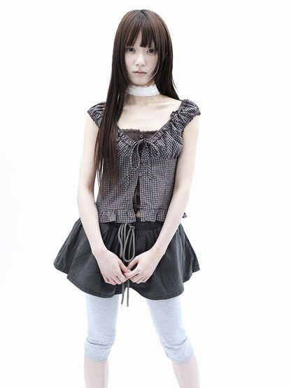 ang project Plaid Patchwork Lace Trim Cropped Puff Sleeve Women&