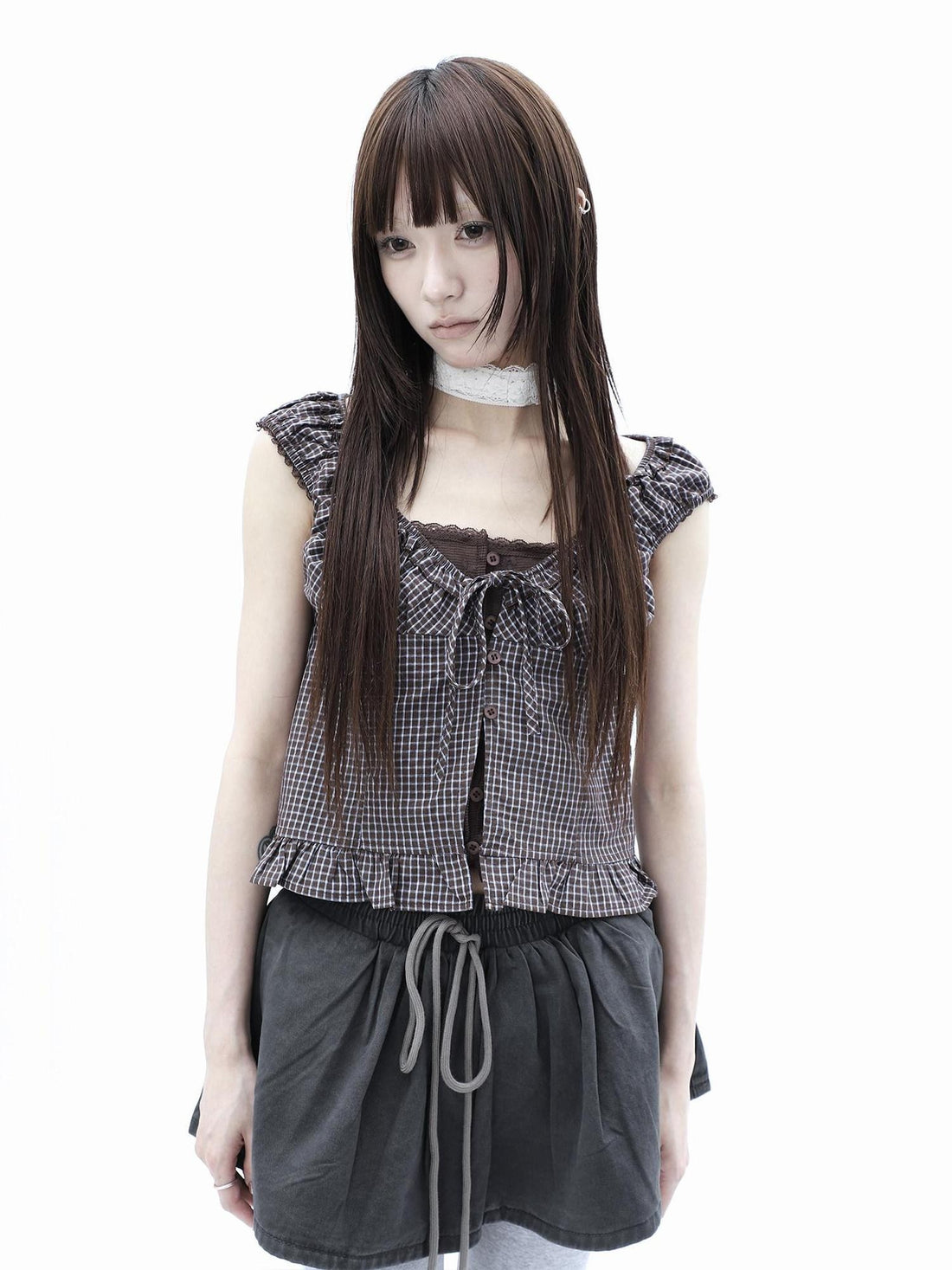 ang project Plaid Patchwork Lace Trim Cropped Puff Sleeve Women&