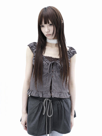 ang project Plaid Patchwork Lace Trim Cropped Puff Sleeve Women&
