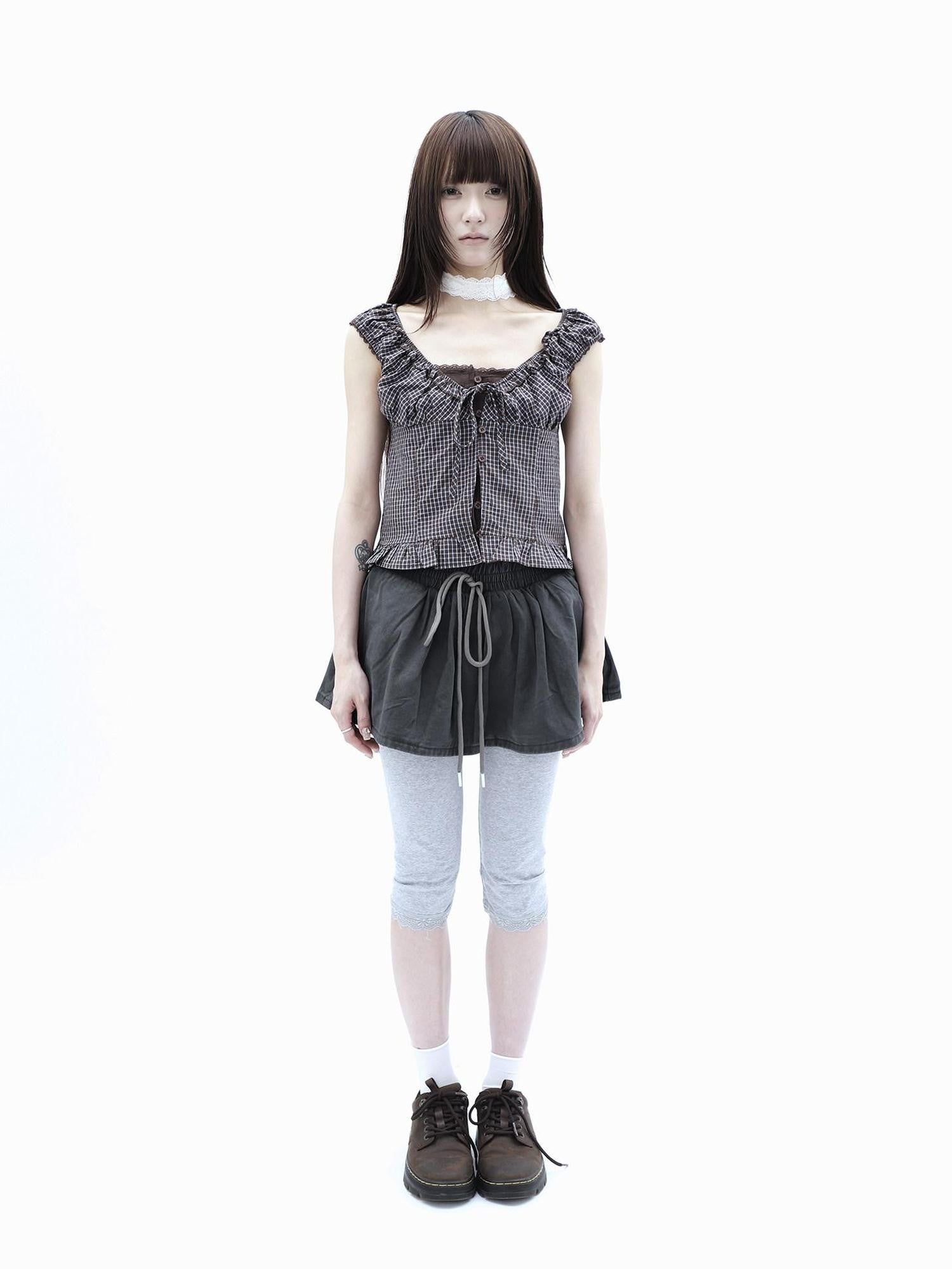 ang project Plaid Patchwork Lace Trim Cropped Puff Sleeve Women&