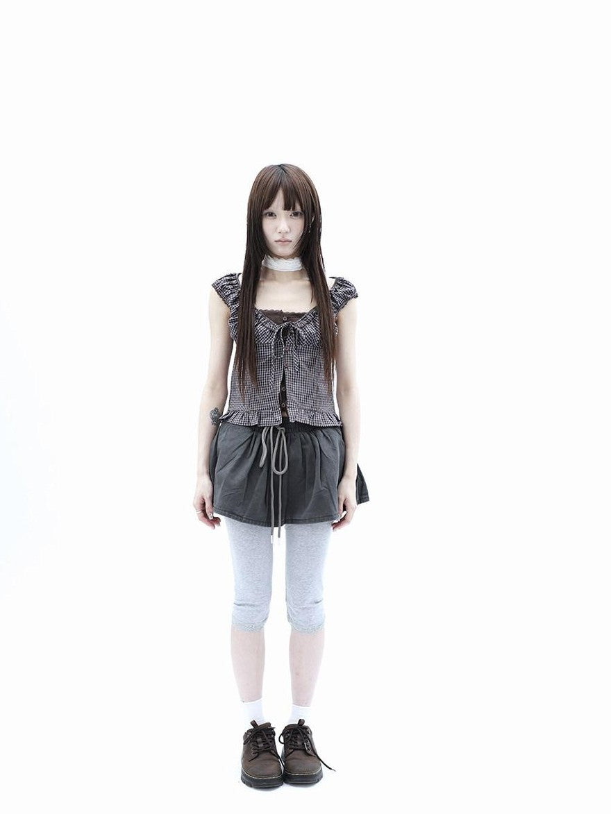 ang project Plaid Patchwork Lace Trim Cropped Puff Sleeve Women&