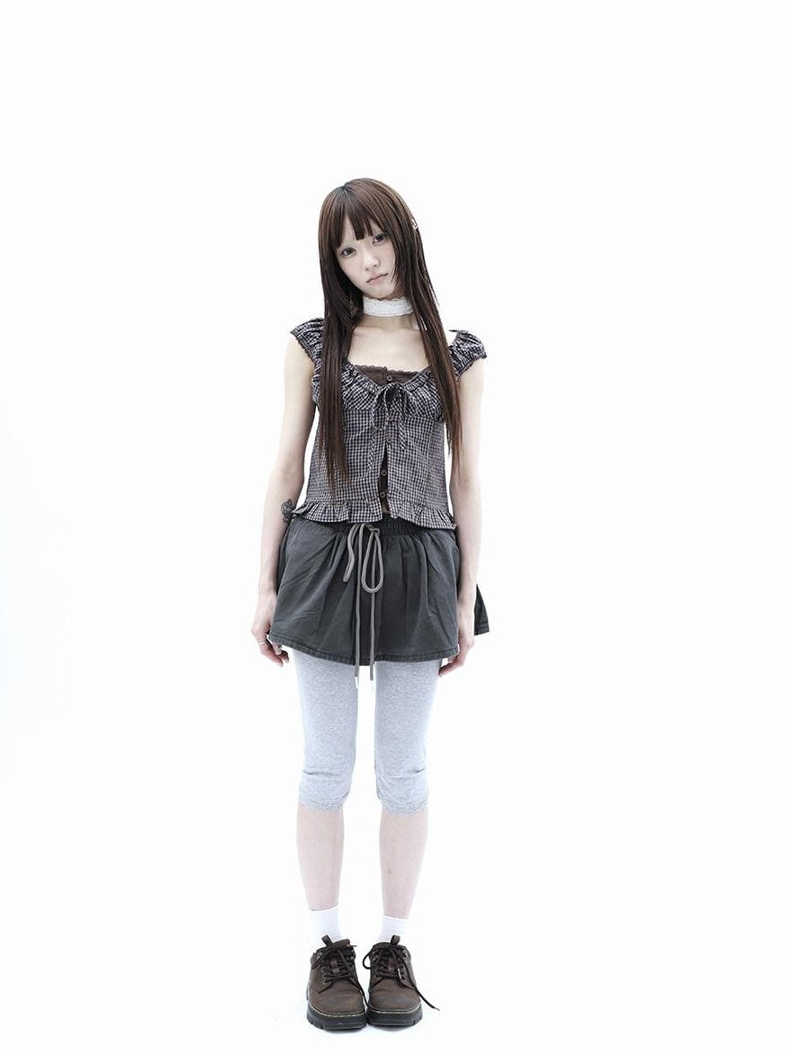 ang project Plaid Patchwork Lace Trim Cropped Puff Sleeve Women&