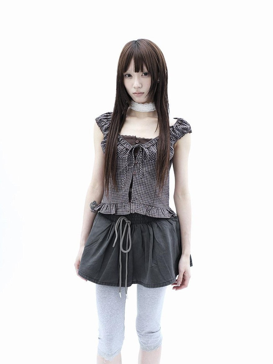ang project Plaid Patchwork Lace Trim Cropped Puff Sleeve Women&