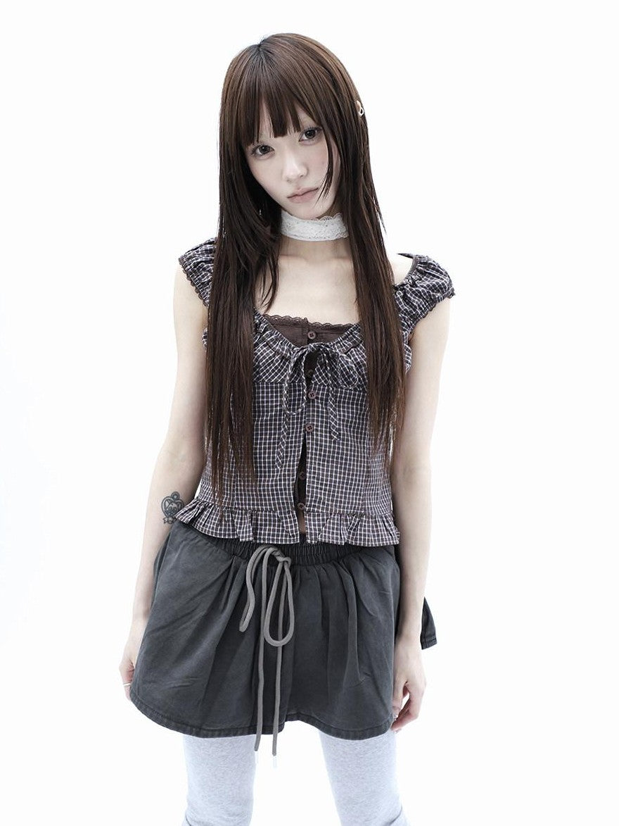 ang project Plaid Patchwork Lace Trim Cropped Puff Sleeve Women&