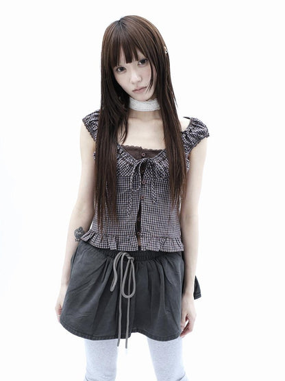 ang project Plaid Patchwork Lace Trim Cropped Puff Sleeve Women&