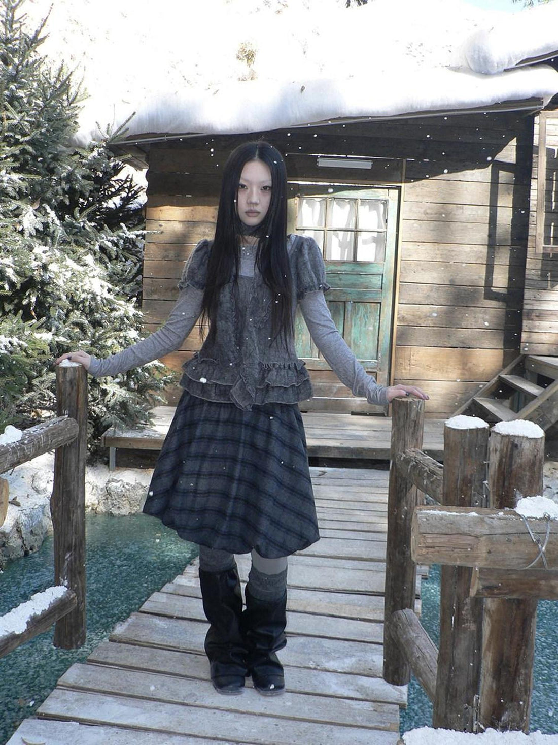 ang project Plaid Puff Sleeve Ruffle Cropped Slim Vintage Two Piece Women T-Shirt