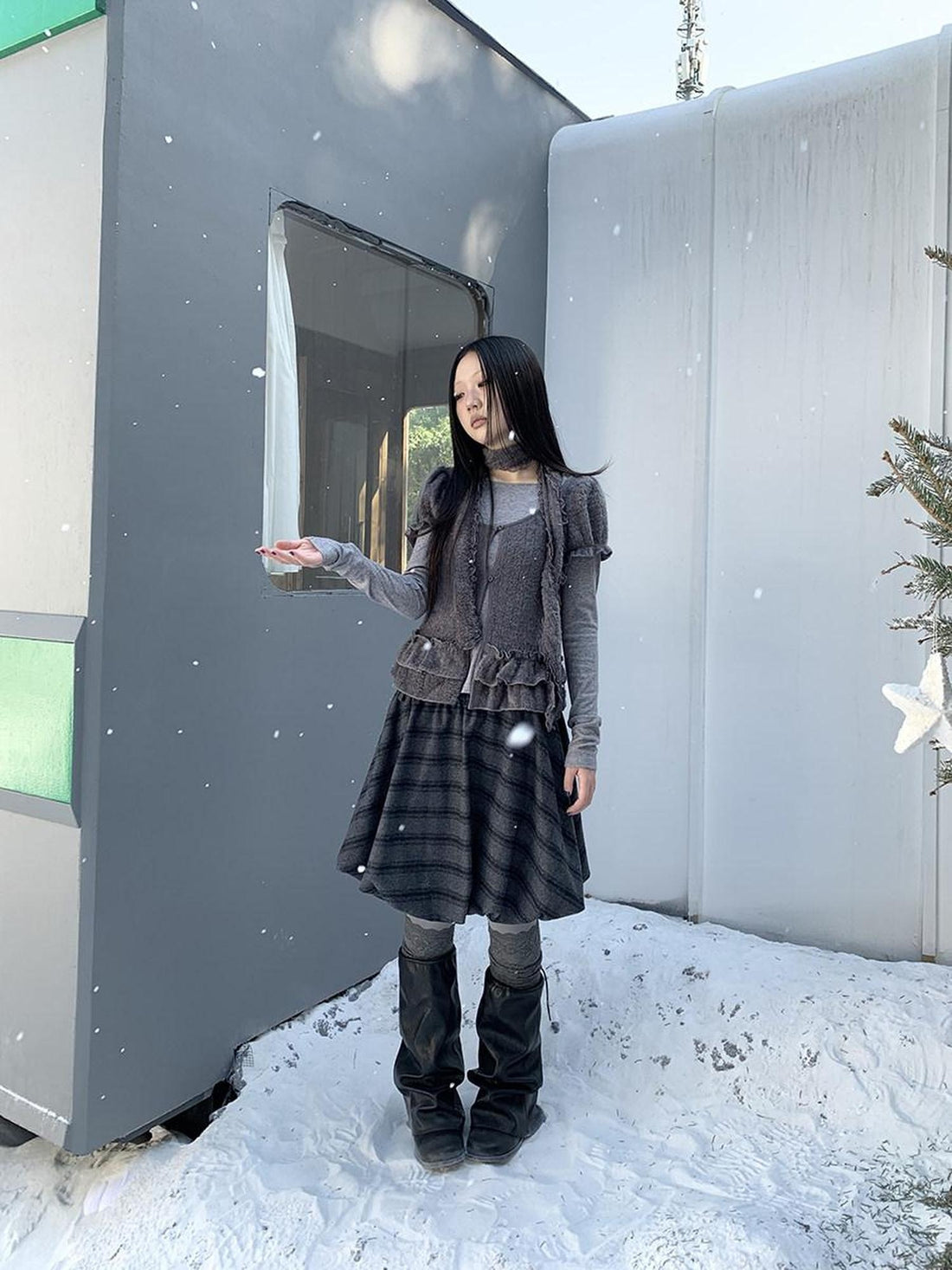 ang project Plaid Puff Sleeve Ruffle Cropped Slim Vintage Two Piece Women T-Shirt