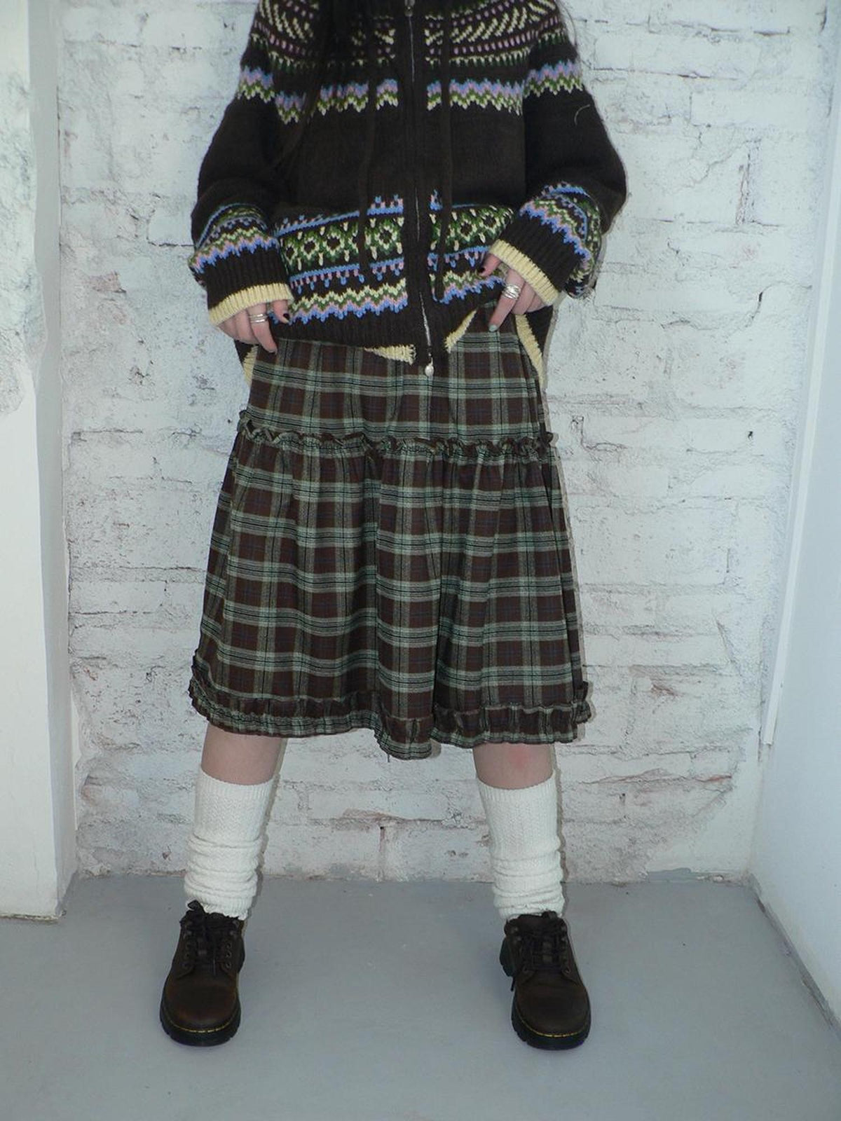 ang project Plaid Ruffle Trim Elastic Waist A Line Women&