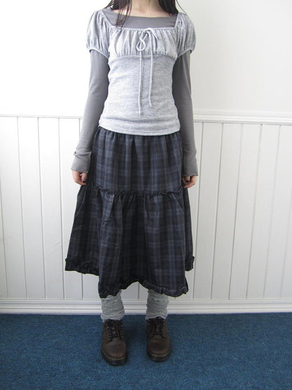 ang project Plaid Ruffle Trim Elastic Waist A Line Women&