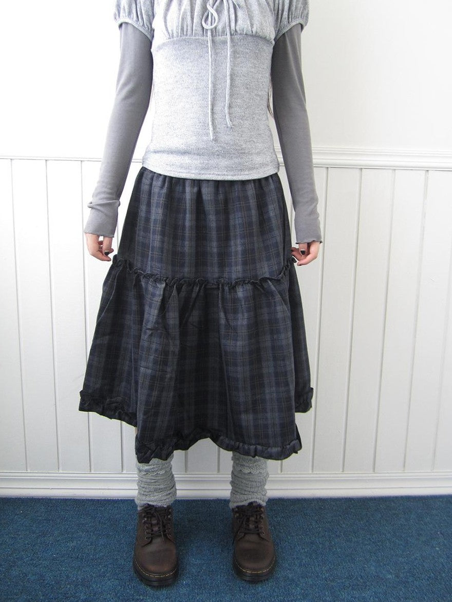 ang project Plaid Ruffle Trim Elastic Waist A Line Women&