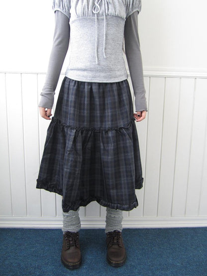 ang project Plaid Ruffle Trim Elastic Waist A Line Women&