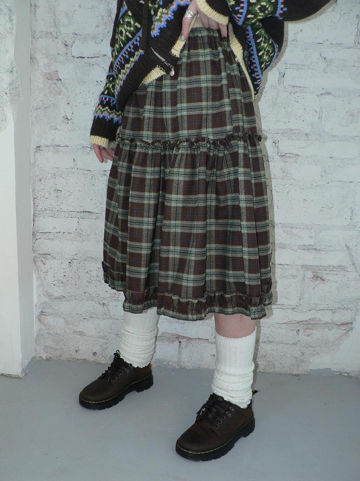 ang project Plaid Ruffle Trim Elastic Waist A Line Women&