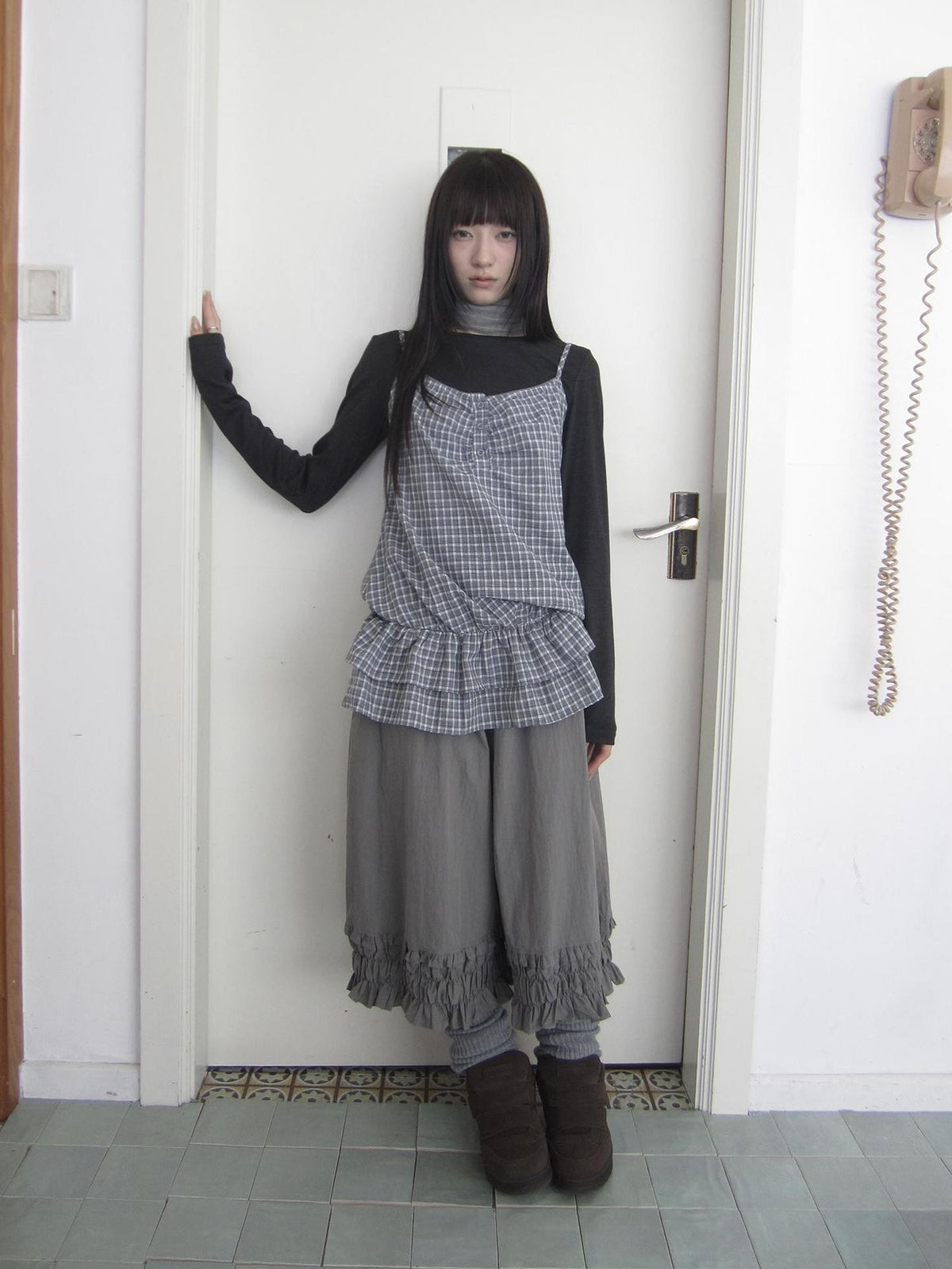 ang project Plaid Ruffle Two Piece Korean Women&