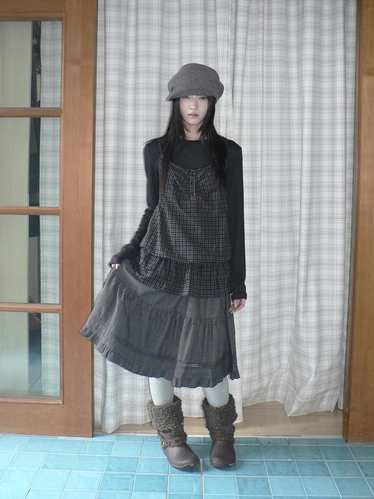 ang project Plaid Ruffle Two Piece Korean Women&