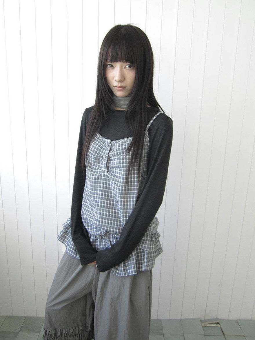 ang project Plaid Ruffle Two Piece Korean Women&