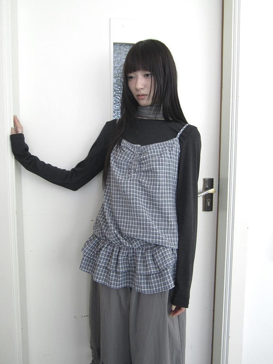 ang project Plaid Ruffle Two Piece Korean Women&
