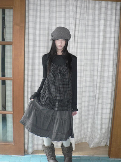 ang project Plaid Ruffle Two Piece Korean Women&